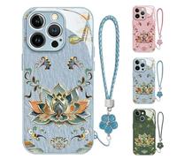 Générique Lotus Lanyard Hard Case, All-Inclusive Lens Design Phone Cover, for Iphone 17/16/15 Series (Blue,for iPhone 15pro)