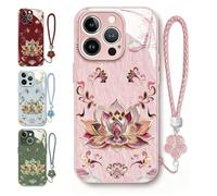 Générique Lotus Pattern Lanyard Hard Case, All-Inclusive Lens Design Phone Cover, Full-Coverage Drop Protection Phone Case for iPhone 17/16/15/14 Pro Max (Pink, for iPhone16 Pro)