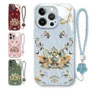 Générique Lotus Pattern Lanyard Hard Case, All-Inclusive Lens Design Phone Cover, Full-Coverage Drop Protection Phone Case for iPhone 17/16/15/14 Pro Max (Blue, for iPhone14 Pro)