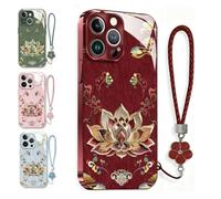Générique Lotus Pattern Lanyard Hard Case, All-Inclusive Lens Design Phone Cover, Full-Coverage Drop Protection Phone Case for iPhone 17/16/15/14 Pro Max (Red, for iPhone14 Plus)
