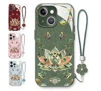 Générique Lotus Pattern Lanyard Hard Case, All-Inclusive Lens Design Phone Cover, Full-Coverage Drop Protection Phone Case for iPhone 17/16/15/14 Pro Max (Green, for iPhone14 Pro)