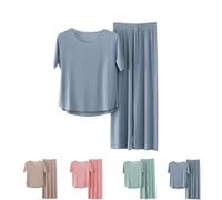 Générique Lounge Sets for Women 2 Piece Summer Short Sleeve Ice Silk Soft Pajama 2025 Plus Size Casual Wide Leg Comfy Sleepwear (Blue,3XL)