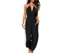 Générique Luvani Plunge Halter Jumpsuit, Luvani Jumpsuit, 2025 new women's sleeveless jumpsuit with large capacity pockets (Black,M)