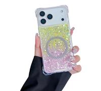 Générique Luxury Glitter Sequin Gradient Magnetic Case, Full Edge Fall-Resistant Case, Shockproof Cover for iPhone 17/16/15/14/13 Pro Max (Yellow Pink,17AIR)