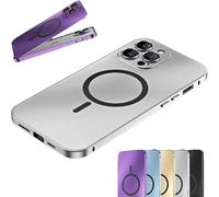Générique Magnetic Charging Aluminum Metal Bumper Matte Shell for Iphone, Anti-Collision Matte Snap-on Phone Case, for Iphone 16/15/14/13/12 Pro Max (16 Pro Max,Silver)