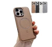 Générique Magnetic Charging Leather Case for iPhone, Luxurious Business Genuine Leather Phone Case, Support Wireless Charging Magnetic Cover for iPhone 16/15/14/13 Promax (for iPhone 13,Gold)