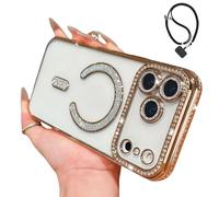 Générique Magnetic Glitter Case for iPhone 17 Pro Max,Clear Bling Rhinestone Sparkly Phone Case with MagSafe Camera Lens Protector, Shockproof TPU Bumper Cover for Women Girls (for iPhone 15Pro,Gold)