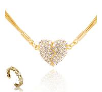 Générique Magnetic Love Patchwork Necklace, Double-Sided Wearing Diamond-Set Love Pendant, Creative Magnet Couples Necklace, Elegant Three-Layer Heart Chain for Women (Gold)