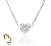 Générique Magnetic Love Patchwork Necklace, Double-Sided Wearing Diamond-Set Love Pendant, Creative Magnet Couples Necklace, Elegant Three-Layer Heart Chain for Women (Silver)