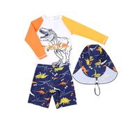 Générique Maillot de Bain 3 pièces UPF 50+ pour garçon Solaire Manches Longues Motif ludique Bonnet Inclus (Orange, 5-6 Years)