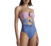 Générique Maillot de Bain décontracté pour Femmes, décoration de Boutons Ronds dorés, Trois Couleurs, Patchwork ajouré, Mode (S)