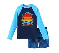 Générique Maillot de Bain Deux pièces à Manches Longues pour garçon | Ensemble Maillot de Bain et Short à séchage Rapide avec Protection Solaire et imprimé Arbre M 1 (Blue, 7-8 Years)