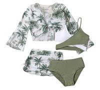 Générique Maillot de Bain Fille Bikini Quatre pièces Ensemble Tendance pour Plage Mode été Confort Exceptionnel pour 7 à 14 Ans (Green, 13-14 Years)