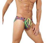 Générique Maillot De Bain Homme,Short De Bain Triangle Double Couche Imprimé Brillant Cordon De Serrage Haute éLasticité Respirant Slip en U (Red, XL)