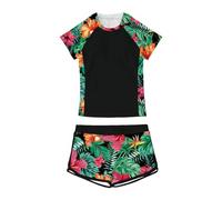 Générique Maillot de Bain pour Filles Ensemble de Plage et Piscine Haut de Bikini à col Rond Design imprimé Short Tenue Estivale pour Jeunes Adolescentes (Black, 13-14 Y)