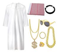 Générique Male Arabian Outfit - Fancy Dress Cosplay Middle East Sheikh Costume Set For Men With Traditional White Robe Headscarf And Role Play Including Rings Necklace