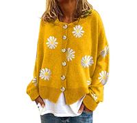 Générique Manteau Chaud Femme Hiver Grande Taille,Cardigan DéContracté à Manches Longues Et Col Rond Cardigan en Tricot à Imprimé Petites Marguerites (Yellow S)