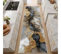 Générique Marbre Jaune À La Feuille d'or Vintage Tapis Couloir Long Lavable en Machine Tapis de Passage Cuisine 60x210 cm Doux Marbre Abstrait Descente de Lit Antidérapant Decoration Chambre Carpet