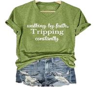 Générique Marcher par la foi trébuchant constamment col en V Foi religieuse T-shirt Marcher par la foi constamment T-shirt pour femmes, vert, XXL