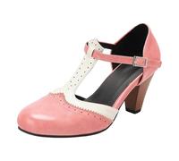 Générique Mary Jane Femmes Bride T Cuir PU Deux Tons Brogue Bout Rond | Talon Bloc Mi-Haut Robe Vintage Chaussures Rétro élégantes Mary Jane Two Tone Classic Oxford Wingtip 1920s High Heels