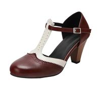 Générique Mary Jane Femmes Bride T Cuir PU Deux Tons Brogue Bout Rond | Talon Bloc Mi-Haut Robe Vintage Chaussures Rétro élégantes Mary Jane Two Tone Classic Oxford Wingtip 1920s High Heels