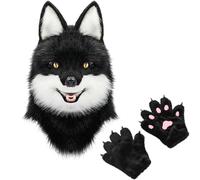 Générique Masque Complet De Loup Therian À Fourrure Et Gants De Patte - Masque De Combinaison En Fausse Fourrure Pour Adulte Cosplay Halloween Mascarade Anime Party