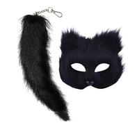 Générique Masque De DéGuisement Halloween Demi-Visage Noir Avec Queue Accessoire De Costume Pour Adultes Masque Chat Furry Et Therian Tail Gants Set Pour FêTes Masques D'Animaux à Coller (Noir)