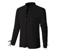 Générique Medieval Deguisement Chevalier Hippie Homme Chemise Col Mao Annee 80 Lin Vetement Indien Blanche Costume Pirate Manche Courte Ete Viking Saharienne Le Noir XL
