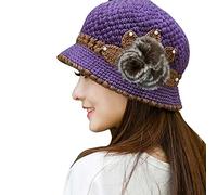 Générique Melon Enfant Noir Fleurs Chaud tricoté Crochet Dame Hiver décoré Chapeau Femmes Oreilles Casquettes de Baseball Bonnet Noir Large (Purple, One Size)