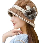 Générique Melon Enfant Noir Fleurs Chaud tricoté Crochet Dame Hiver décoré Chapeau Femmes Oreilles Casquettes de Baseball Bonnet Noir Large (Khaki, One Size)