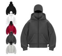 Générique Men's Balaclava Hoodie, Double Hooded Hoodie, Full Zip Hooded Sweatshirt with Warm Mask for Cold Weather (gray,2XL)