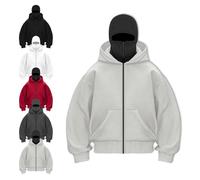 Générique Men's Balaclava Hoodie, Double Hooded Hoodie, Full Zip Hooded Sweatshirt with Warm Mask for Cold Weather (light gray,2XL)