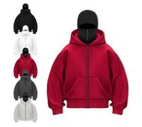 Générique Men's Balaclava Hoodie, Double Hooded Hoodie, Full Zip Hooded Sweatshirt with Warm Mask for Cold Weather (red,XL)