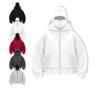 Générique Men's Balaclava Hoodie, Double Hooded Hoodie, Full Zip Hooded Sweatshirt with Warm Mask for Cold Weather (white,2XL)