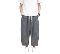 Générique Mens Casual Striped Cropped Trousers Elastic Waist Drawstring Loose Fit Summer Pants