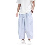 Générique Mens Casual Striped Cropped Trousers Elastic Waist Drawstring Loose Fit Summer Pants