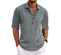 Générique Mens Linen Long Sleeve Button-Up Lapel Shirts,Sleeve Casual Beach Shirt with Stand Collar Loose Fit Summer Top,Casual Summer Beach Shirt (Grey,M)