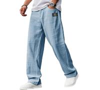 Générique Mens Pants, Men's Casual Hemp Fabric Embroidered Logo Drawstring Loose Elastic Waist Pocket Trousers Classic (Light Blue,Grand)