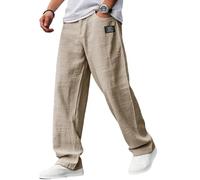 Générique Mens Pants, Men's Casual Hemp Fabric Embroidered Logo Drawstring Loose Elastic Waist Pocket Trousers Classic (Khaki,Grand)