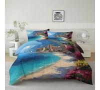 Générique Mer Méditerranée Littoral Fleurs 3D Imprimé Housse de Couette Parure de Lit 2 Personnes 200 x 200 cm, Bleu Microfibre Ensemble de Literie avec Housses de Couettes Taies d'oreillers