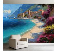 Générique Mer Méditerranée Littoral Fleurs 3D Papier Peint Panoramique 350 x 256 cm Papier Peint Intissé, Murales Poster pour Salon, Chambre d'enfants Décoration, Murale Facile à Monter, Bleu