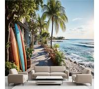 Générique Mer Paysage Surf Film Autocollant Stickers Muraux Planche de Surf Papier Peint, Tropical Palmier Mural pour Salon Chambre Décoratif Murale Pour Meuble Stickers Muraux 250 x 175 cm