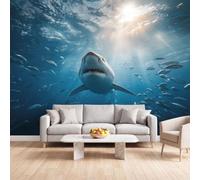 Générique Mer Profonde Exploration Écologie Autocollant Papier Peint Mural | Requins Lumière Du Soleil Banc Poissons Peint Panoramique Photo 400 x 280 cm pour Salon Chambre Enfant Bureau salle à manger