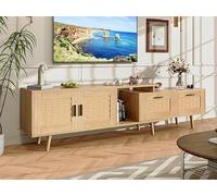 Générique Meuble TV Extensible, Meuble TV de 169 cm de Long, Buffet TV avec 2 tiroirs et 2 Portes, Portes en rotin, Pieds en Bois Massif, pour Salon et Salle à Manger, chêne