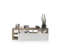 Meuble TV 1 porte - Finition Blanc Laqué et Effet Bois Vintage - L 184 x P 42 x H 56 cm - MAESTRO