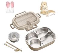 Générique Microwavable Stainless Steel Insulated Bento Box,Large capacity partition,Lunch Boxes with 3/4/5 Compartments With Soup Bowl,Spoon,Chopsticks (L(1500ml-4partitions))