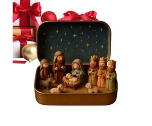 Générique Mini Christmas Nativity Set in A Tin Box | Portable 3D Scene Decoration Set with Resin Holy Family Sheep and Jesus Figurines,Pocket Nativity Scene Carry The Story of Christmas for Desk Home