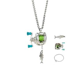 Générique Mini collier de moulinet de pêche, ensemble de bijoux de moulinet de pêche, pendentif de bras à bascule de moulinet, pendentif de moulinet et anneau de bras à bascule rotatif (1PCS)
