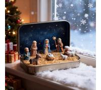 Générique Mini Crèche De Noël dans Boîte Métal,Ensemble De Crèche en Étain,Mini Décoration De Table 9.5x6 Cm Décor avec Figurines Sainte Famille,Jésus Et Moutons pour Maison De Noël (B)