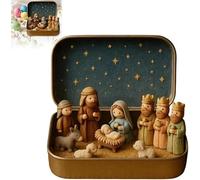 Générique Mini Creche De Noel, Mini Crèche De Noël dans Boîte Métal, De Table 9.5x6 Cm Décor avec Figurines Sainte Famille,Jésus Et Moutons pour Maison De Noël (B)